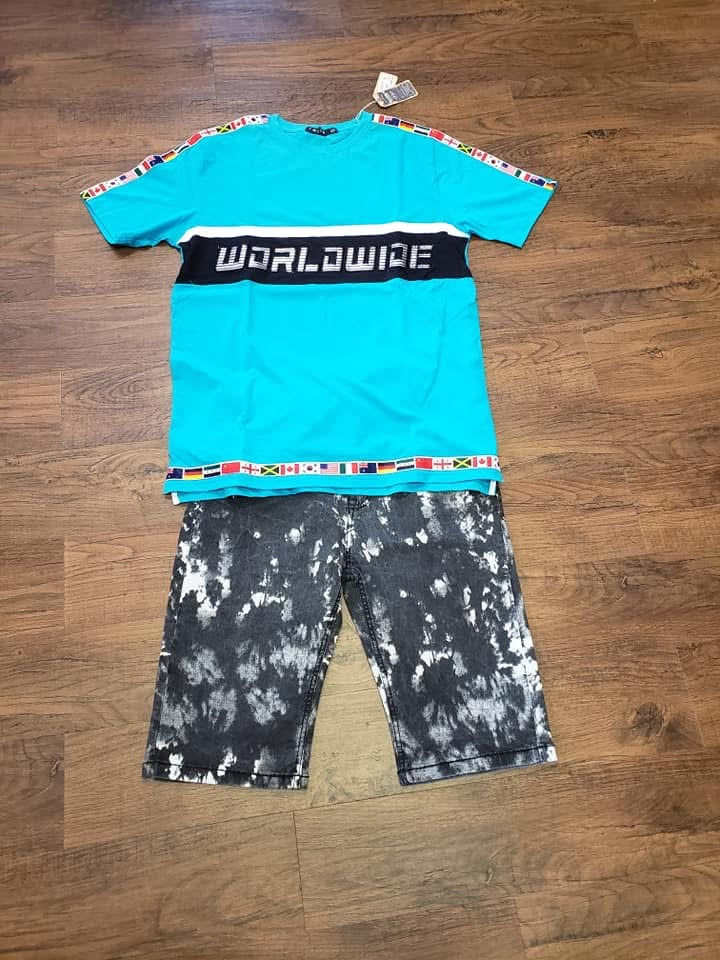 Worldwide Flag Tee & Tie‑Dye Shorts Set