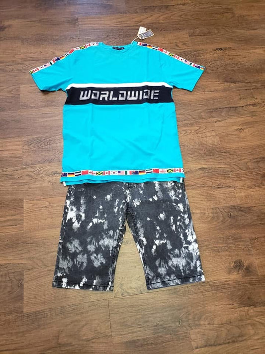 Worldwide Flag Tee & Tie‑Dye Shorts Set