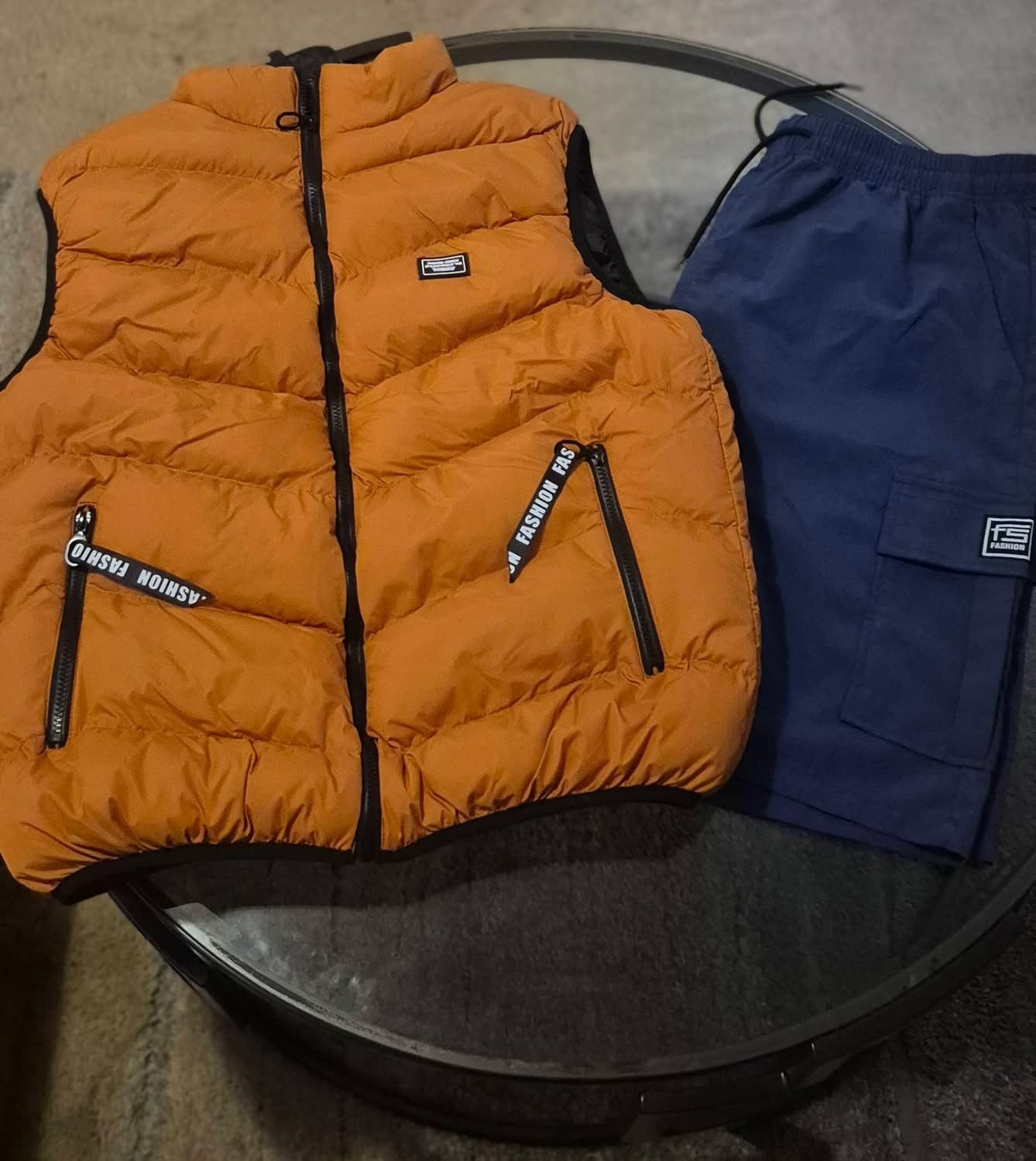 Orange Puffer Vest & Cargo Pants Set