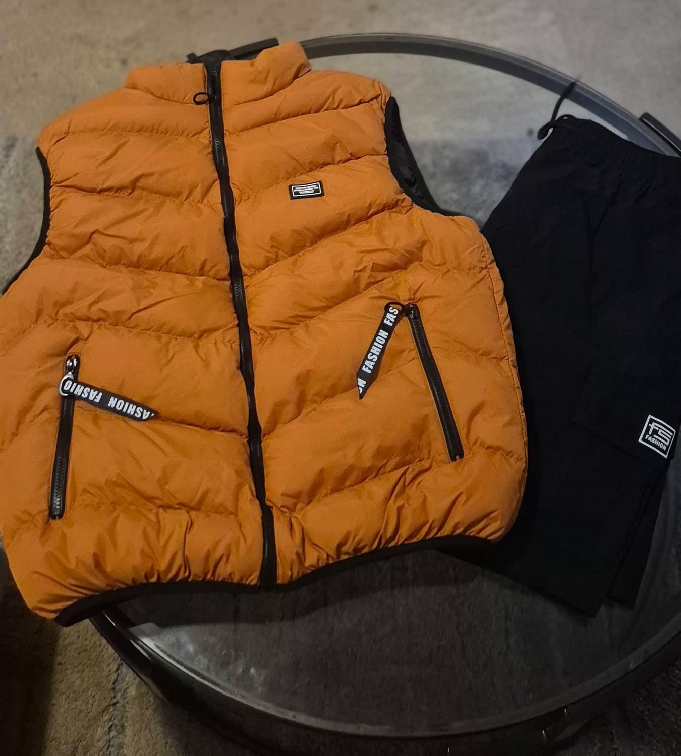 Orange Puffer Vest & Cargo Pants Set