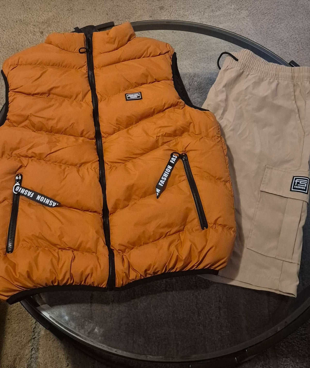 Orange Puffer Vest & Cargo Pants Set