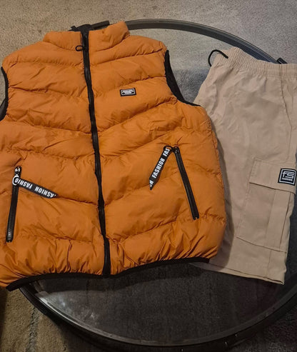 Orange Puffer Vest & Cargo Pants Set